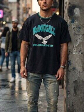 Vintage Tultex McDougall Hawks Graphic T-Shirt USA Made Medium 90s